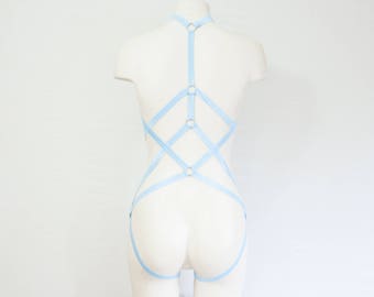 Blue Body Harness Lingerie: Pastel Goth, Pastel Blue Lingerie, Festival Harness, Pole Dance Outfit, Exotic Clothing, Strappy Harness, Topaz