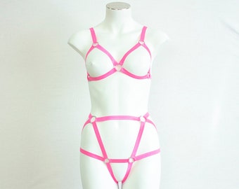 Pink Body Harness Lingerie: Rave Outfit, Cage Bra, High Waist Panties, Exotic Dancewear, Neon Clothing, DDLG Fashion, Glow Underwear, EDM