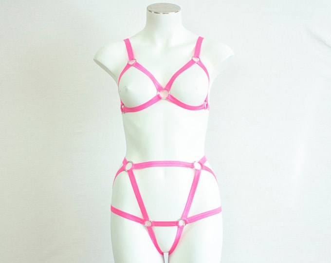 Pink Body Harness Lingerie: Rave Outfit, Cage Bra, High Waist Panties, Exotic Dancewear, Neon Clothing, DDLG Fashion, Glow Underwear, EDM