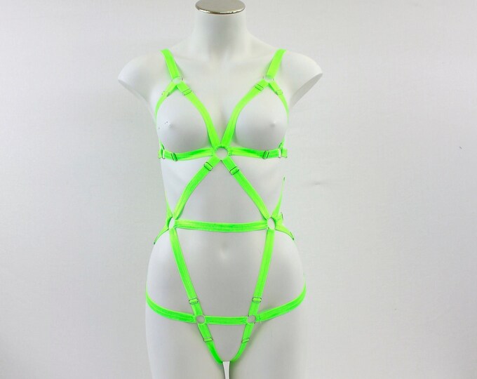 Adjustable Bodysuit Body Harness Lingerie: Green Festival Fashion, Exotic Dancewear, Pole Fitness, Burlesque Costume, Boudoir Outfit, Forest