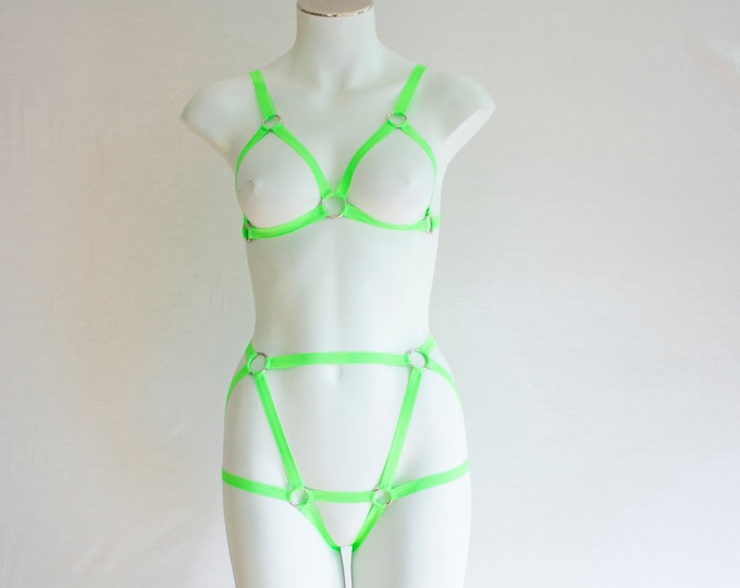 Body Harness Lingerie Set: Neon Green Lingerie, Festival Outfit, Rave Fashion, PinUp Clothing, Pole Fitness, Exotic Dancewear, Glow UV Party