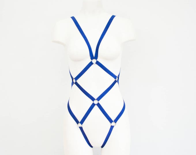 Blue Bodysuit Body Harness: Navy Blue Lingerie, FishNet, Festival Bodysuit, Bondage Lingerie, Open Crotch, Thong Bodysuit, Burlesque Outfit