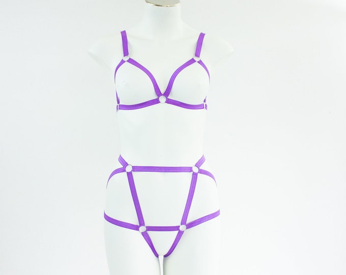 Purple Body Harness Lingerie: Purple Cage Bra, Purple Harness Panties, Purple Bikini, Exotic Dancewear, Pole Fitness Outfit, Rave Clothing