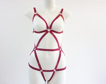 Adjustable Bodysuit Body Harness Lingerie: Red Festival Fashion, Exotic Dancewear, Pole Fitness, Burlesque Costume, Boudoir Outfit, Wine Red