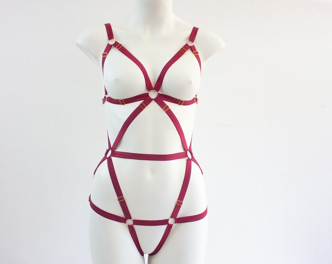 Adjustable Bodysuit Body Harness Lingerie: Red Festival Fashion, Exotic Dancewear, Pole Fitness, Burlesque Costume, Boudoir Outfit, Wine Red