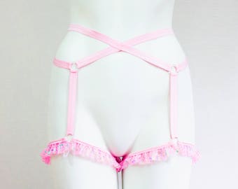 Pink Garter Belt: Pastel Lingerie, Body Harness Lingerie, Pin Up Clothing, Pastel Punk Goth, DDLG, Roleplay, Festival Dancewear, EDM Rave