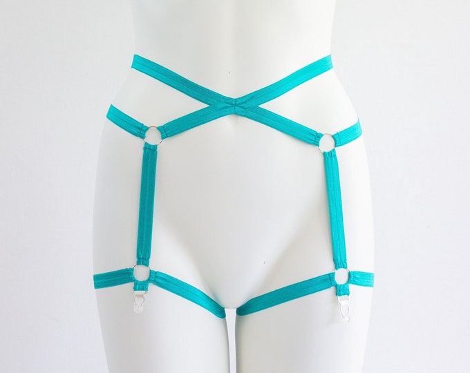 Ready To Ship! Green Garter Belt: Green Lingerie, Festival Costume, Body Harness, Cage Garter, Burlesque, Teal Underwear, Strappy Lingerie