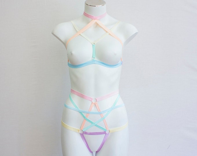 Pentagram Lingerie: Pride Outfit, Festival Fashion, Pentagram Underwear, Pastel Goth, Rainbow Clothing, Rainbow Lingerie, Rainbow Harness