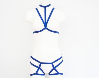 Blue Cage Bra Harness Underwear Lingerie Set: Festival Fashion, Body Harness, Blue Lingerie, Open Crotch, Exotic Dancewear, Booty Shorts