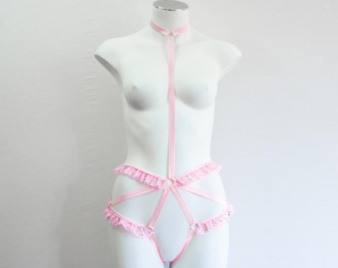 DDLG Clothing: Pink Body Harness, Festival Fashion, Rave Outfit, Exotic Dancewear, Costume Lingerie, Pastel Goth, Holographic, Iridescent