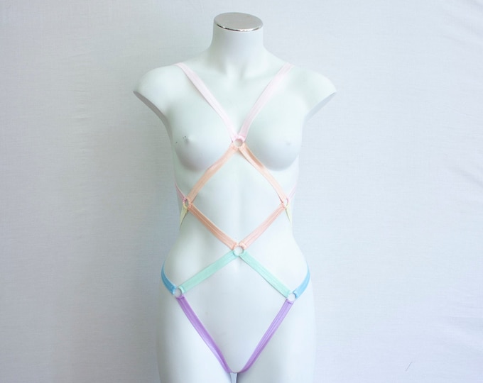 Rainbow Body Harness: Pride Outfit, Pastel Goth Clothing, Festival Fashion, Rainbow Clothing, Fishnet Bodysuit, Exotic Dancewear, Lesbian