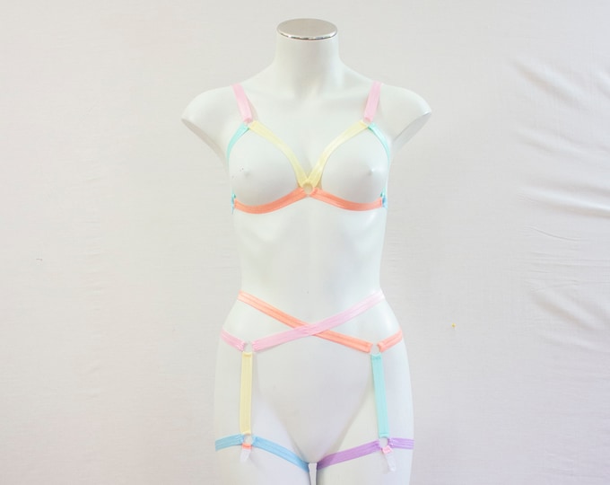 Rainbow Body Harness: Rainbow Lingerie, Rainbow Clothing, Pastel Goth Clothing, LGBTQ Fashion, Rainbow Garter Belt, Rainbow Bralette, Rave