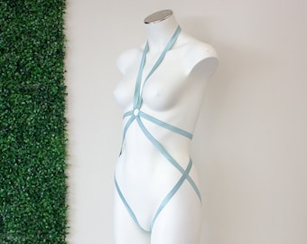 Slate Blue Minimalist Geometric Body Harness Bodysuit Festival Base Design, Exotic Dance Wear Costume, EDM Rave Harness Lingerie, Strappy