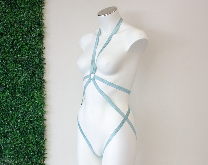 Slate Blue Minimalist Geometric Body Harness Bodysuit Festival Base Design, Exotic Dance Wear Costume, EDM Rave Harness Lingerie, Strappy