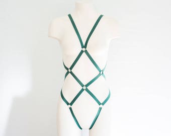 Green Body Harness: Green Lingerie, Exotic Dancewear, Festival Bodysuit, Strappy Lingerie, Burlesque Lingerie, Cut Out Lingerie, Fish Net