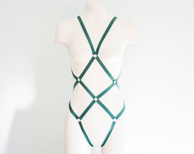 Green Body Harness: Green Lingerie, Exotic Dancewear, Festival Bodysuit, Strappy Lingerie, Burlesque Lingerie, Cut Out Lingerie, Fish Net