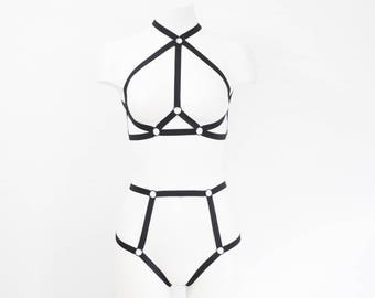 Sexy Black Lingerie Set: Strappy Body Harness, Black Fashion, Black Bralette, Crop Top, High Waist Panties, BDSM, Kinky Outfitf, Plus Size