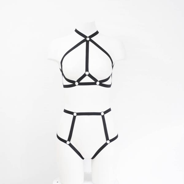 Sexy Black Lingerie Set: Strappy Body Harness, Black Fashion, Black Bralette, Crop Top, High Waist Panties, BDSM, Kinky Outfitf, Plus Size