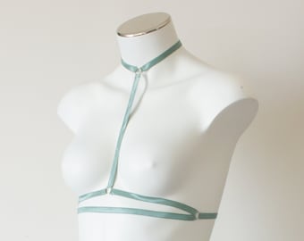Sage Green Strappy Bralette: Halter Top Body Harness, Rave Clubwear