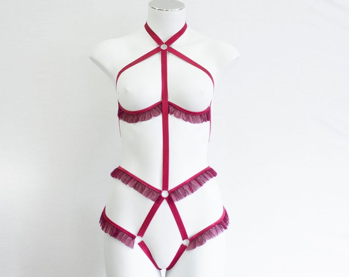 Red Festival Bodysuit Body Harness Costume Lingerie: Sexy Burgundy Glitty Bodysuit, Wine Red Dance Wear Costume, Burlesque Clothing, Sexy