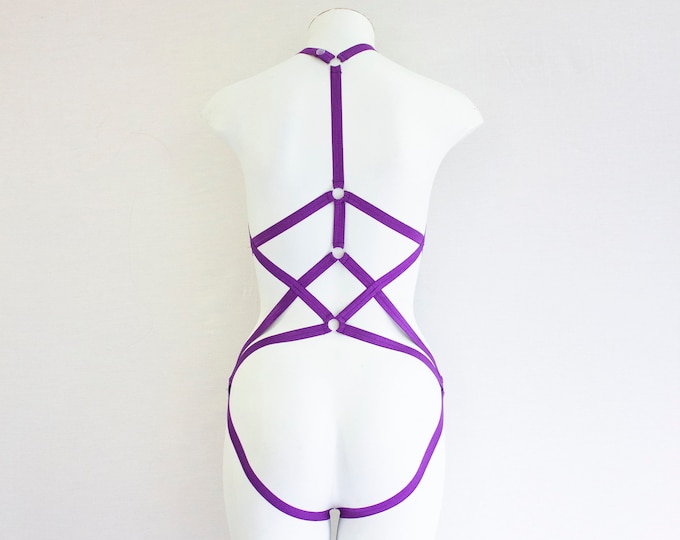 Festival Bodysuit: Purple Lingerie, Burlesque Costume, Exotic Dance Outfit, Rave Clothing, Pride Outfit, Strappy Bodysuit, Halter Harness