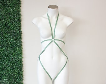 Sexy Strappy Sage Green Bodysuit Body Harness Lingerie: Stretch Exotic Pole Fitness EDM Rave Festival Dance Wear Fashion Plus Size Harness