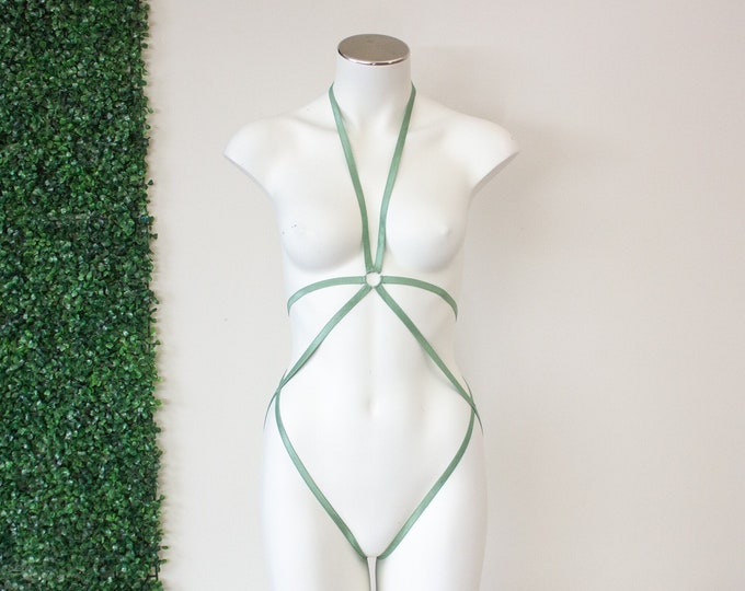 Sexy Strappy Sage Green Bodysuit Body Harness Lingerie: Stretch Exotic Pole Fitness EDM Rave Festival Dance Wear Fashion Plus Size Harness