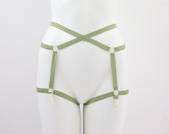 Green Lingerie: Body Harness Lingerie, Strappy Lingerie, Boudoir, Pin Up, G, Exotic Green Garter Belt, Festival Harness, Green Body Harness