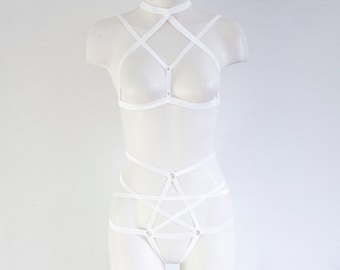 White Lingerie: White Body Harness, Pentagram Panties, Goth Clothing, Exotic Dancewear, Boudoir, Body Harness Set, Strappy Outfit, Festival