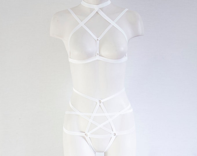 White Lingerie: White Body Harness, Pentagram Panties, Goth Clothing, Exotic Dancewear, Boudoir, Body Harness Set, Strappy Outfit, Festival