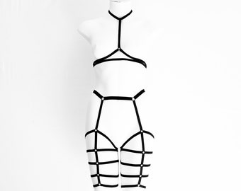Body Harness Lingerie Set: Cage Bra, Strappy Outfit, Exotic Dancewear, Pole Fitness, Festival Clothing, Boudoir, Harness Top, black leggings