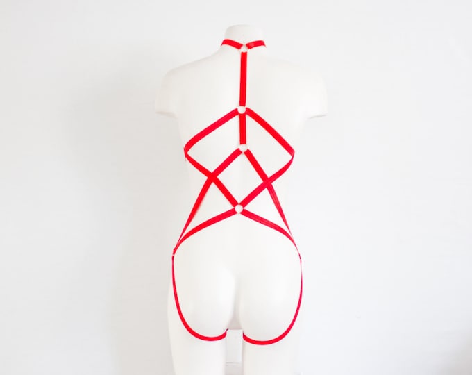 Red Body Harness Lingerie: Valentine Fashion, Strappy Lingerie, Red Lingerie, Cut Out, Plus Size, Geometric, Womens Red Bodysuit, Boudoir