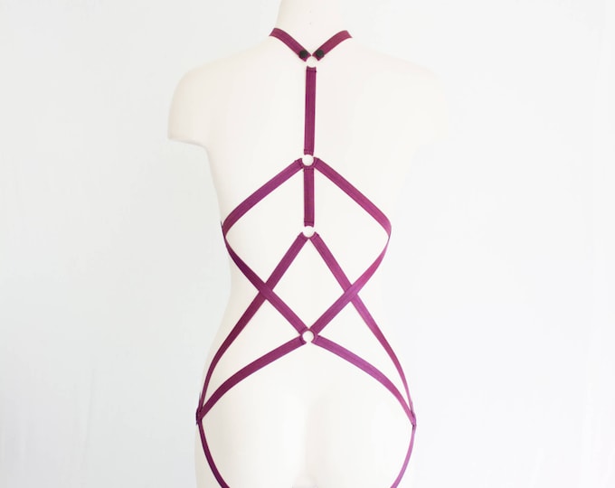 Maroon Body Harness: Purple Lingerie, Exotic Dancewear, Festival Bodysuit, Strappy Lingerie, Burlesque Lingerie, Cut Out Lingerie Geometric