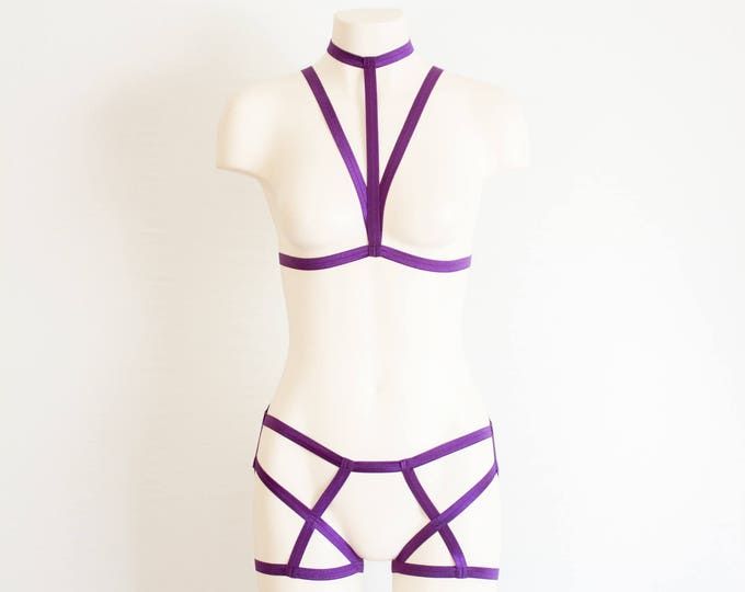 Purple Lingerie: Festival Fashion, Rave Outfit, Puple Body Harness Lingerie, Cage Bra, Booty Shorts, Exotic Clothing, Pole Dancewear, Dark