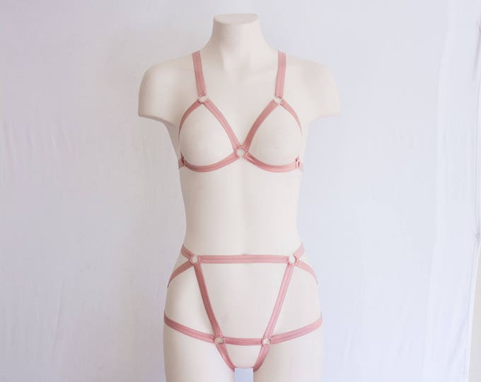 Body Harness Lingerie Set: Rose Lingerie, Cage Bralette, Harness Panties, Nude Lingerie, Brown Lingerie, Exotic Dance Outfit, Rave Wear