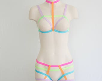 Rainbow Clothing: Festival Outfit, Dancewear, Pride Costume. Rave Fashion, Neon Lingerie, Rainbow Harness, Lingerie Set, Strappy Panties