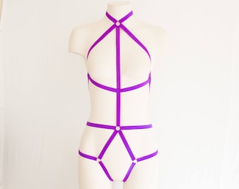 Purple Bodysuit: Body Harness Lingerie, Purple Lingerie, Neon Clothing, Exotic Dancewear, Halter Top, Open Crotch, Geometric Fashion, Sexy