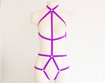 Purple Bodysuit: Body Harness Lingerie, Purple Lingerie, Neon Clothing, Exotic Dancewear, Halter Top, Open Crotch, Geometric Fashion, Sexy