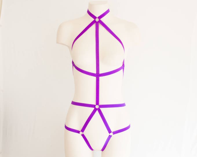 Purple Bodysuit: Body Harness Lingerie, Purple Lingerie, Neon Clothing, Exotic Dancewear, Halter Top, Open Crotch, Geometric Fashion, Sexy