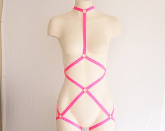 Neon Pink Body Harness: Pink Lingerie, Exotic Dancewear, Festival Bodysuit, Strappy Lingerie, Burlesque Lingerie, Cut Out Lingerie Plus Size