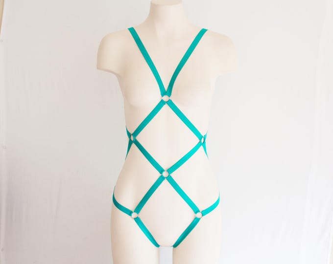 Jade Body Harness: Green Lingerie, Exotic Dancewear, Festival Bodysuit, Strappy Lingerie, Burlesque Lingerie, Cut Out Lingerie, Geometric