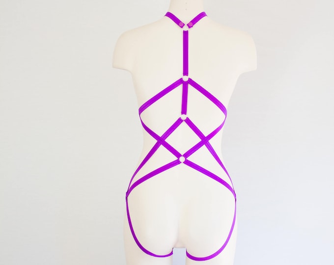 Festival Outfit: Purple Lingerie, Purple Body Harness, Strappy Bodysuit, Neon Clothing, Exotic Dancewear, Womans Fashion, Rave Outfit, Cage