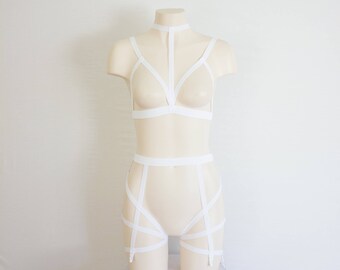 White Body Harness Lingerie: White Bralette Cage Bra Exotic Dancewear Strappy Lingerie Wedding Garter Belt Bondage Wedding Lingerie, Garter