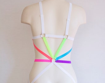 Festival Bodysuit: Rainbow Harness, Neon Clothing, Gay Clothing, Black Lingerie, Festival Costume, Burlesque, Boudoir, Plus Size, Dancewear