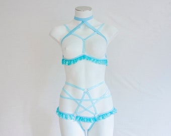 Pentagram Clothing: Pastel Goth, Pentagram Harness, Boudoir Outfit, Exotic Lingerie, Dancewear, Rave Fashion, Strappy Lingerie, Blue Panties