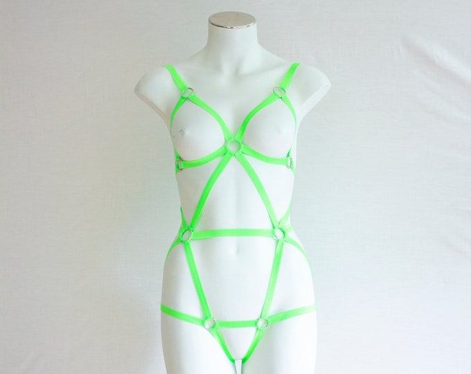 Glow Clothing: Festival Body Harness, Neon Lingerie, UV, Neon Green Bodysuit, Exotic Dancewear, Rave Outfit, Boudoir, Neon Green Lingerie