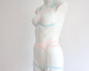 Trans Pride Strappy Cage Bralette Top Harness Garter Lingerie Set: Pastel Pink White Blue Festival Fashion, Exotic Dancewear, Rave Outfit