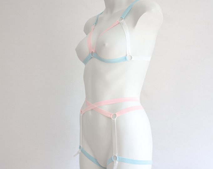 Trans Pride Strappy Cage Bralette Top Harness Garter Lingerie Set: Pastel Pink White Blue Festival Fashion, Exotic Dancewear, Rave Outfit