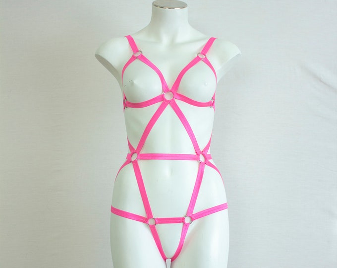 Glow Clothing: Festival Body Harness, Neon Lingerie, UV, Hot Pink Bodysuit, Exotic Dancewear, Rave Outfit, Boudoir, Pink Lingerie, Strappy