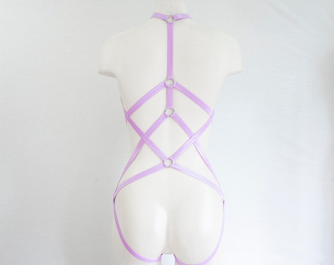 Purple Bodysuit: Purple Lingerie, Pastel Goth, Festival Harness, Exotic Dancewear, Rave Outfit, Strappy Clothing, Geometric, Pole Fashion